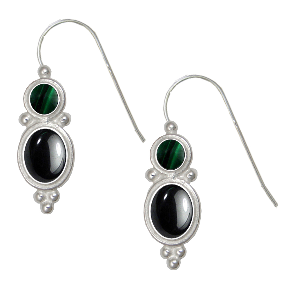 Sterling Silver Drop Dangle Earrings Hematite And Malachite